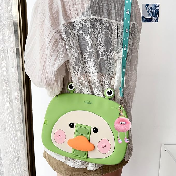 3D Cute Frog Duck Case for iPad 9th/8th/7th 10.2 inch,Kawaii Cartoon Character Frog Duck Soft Silicone Stand Case with Lanyard for Kids Teens Girls Women