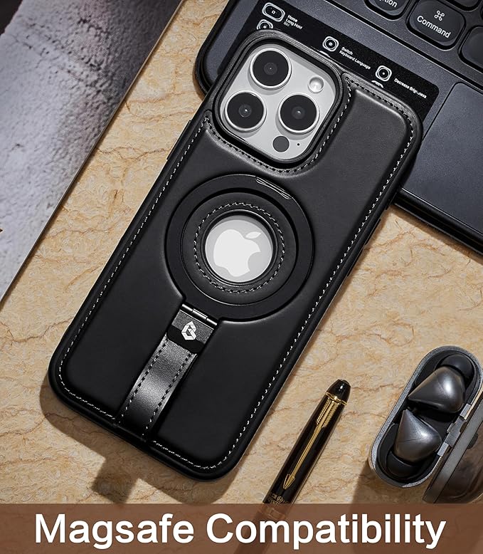 Butaiga for iPhone 12 Pro Max Leather Case with Stand, Anti-Slip Grip Ring, Fits for MagSafe (Black, iPhone 12 Pro Max)
