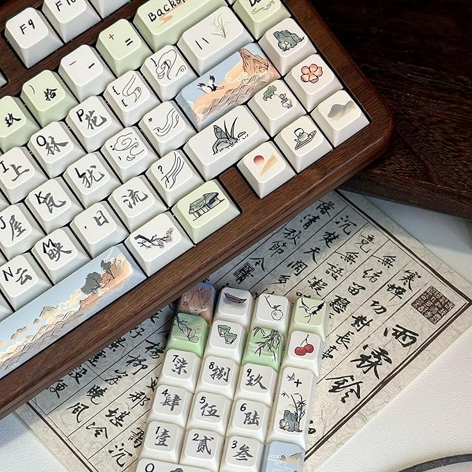 PBT Keycaps-Green Aesthetic Custom Cherry Keycaps,118 Keys Dye Sub Chinese Ancientry Theme Custom Key Caps Keyboard Keycap Set for 100%, 75%, 65%, 60% Mechanical Keyboard