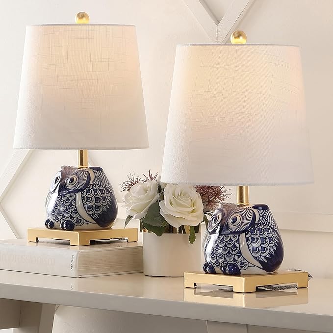 JONATHAN Y 16" Blue/White Ceramic Owl Mini Table Lamp for Bedroom or Office, Modern Farmhouse Nightstand Lamp with White Linen Shade, LED Bulb Included (JYL3014A-SET2)