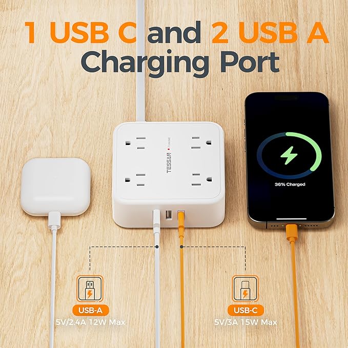 TESSAN Surge Protector Power Strip, 5 Ft Flat Plug Extension Cord with 3 USB (1 USB C) 8 Outlets, 1250W, 900J Protection, 3 Sided Outlet Extender with Power Switch for Office, Dorm Room, White