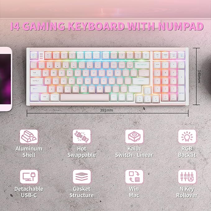 Hexgears I4 Mechanical Keyboard with Number Pad, Aluminum Gaming Keyboard Kailh Tactile Switch, RGB Backlight, PBT Keycaps, Hot Swappable for Windows/Mac OS (Pink-White)
