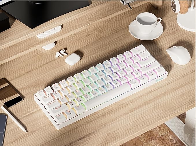 Geeky GK61 60% | Hot Swappable Mechanical Gaming Keyboard | 61 Keys Multi Color RGB LED Backlit for PC/Mac Gamer | ANSI US American Layout (White, Mechanical Speed Yellow)