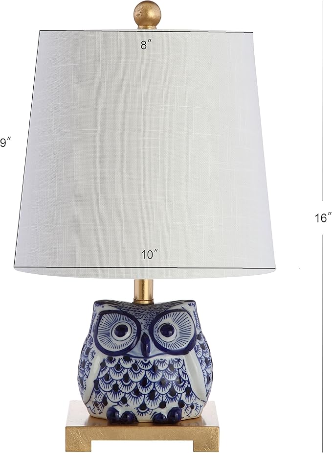 JONATHAN Y 16" Blue/White Ceramic Owl Mini Table Lamp for Bedroom or Office, Modern Farmhouse Nightstand Lamp with White Linen Shade, LED Bulb Included (JYL3014A-SET2)