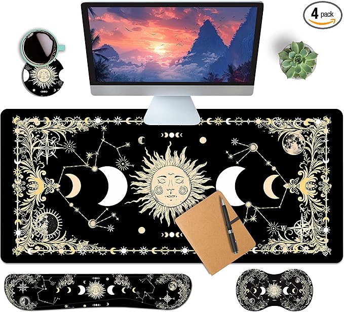 4-Piece Extended Large Mouse Pad Set for Women Men with Moon Face Design Includes 35.4 x 15.7 XXL Large Mouse Pad Keyboard Wrist Rest Mouse Wrist Support and Coaster for Office Home