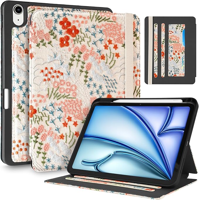 Uppuppy for iPad Air 11 inch Case M3 2025/M2 2024 - Air 5th/4th Generation Case 10.9'' Women Girls Cute Embroidered Folio Stand Cover with Pencil Holder & Card Slot Girly Floral Flowers Design Cases