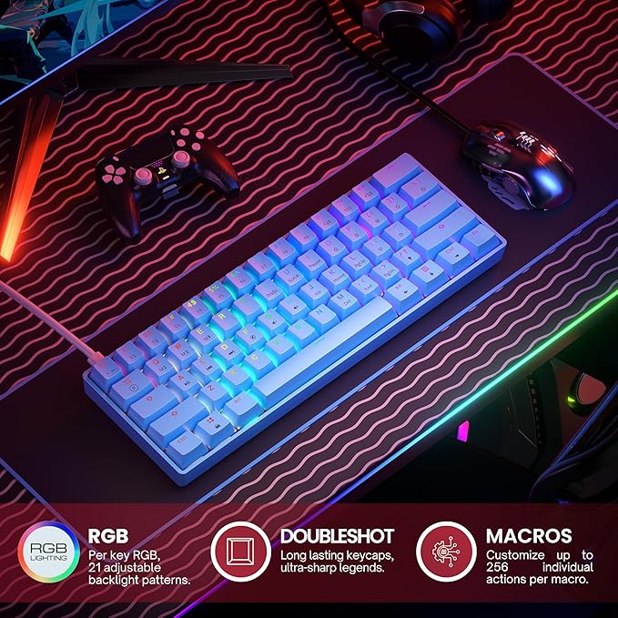 GK61 Mechanical Gaming Keyboard - 61 Keys Multi Color RGB Illuminated LED Backlit Wired Programmable for PC/Mac Gamer (Gateron Optical Red, Blue)