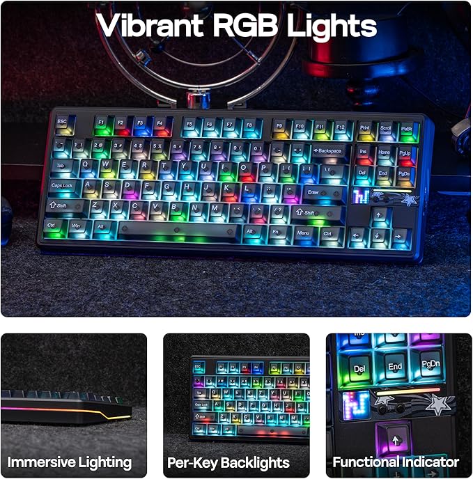 MechLands Aula F87 PRO V2 Wireless Gaming Keyboard with 10000mAh Battery, 8K Polling, SOCD/MT/TGL, BT/2.4GHz/Wired, Hot Swap TKL Mechanical Keyboard with Creamy Gasket, RGB Backlit (Black Transparent)