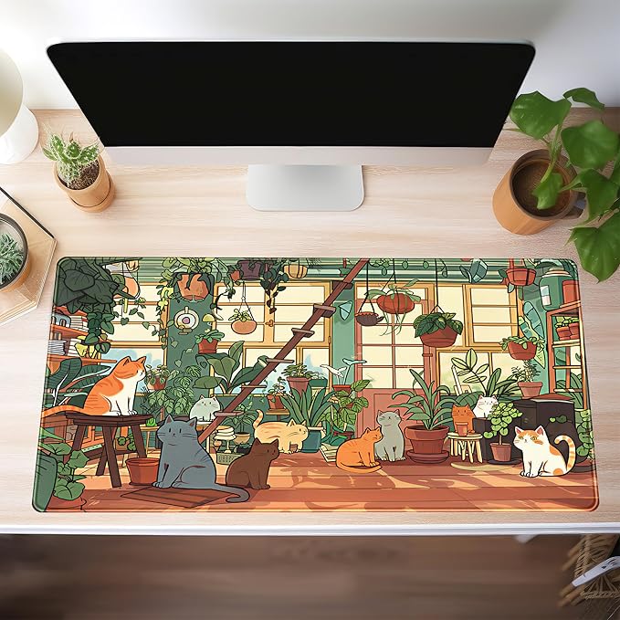 Large Desk Mouse Pad Cute Cats Desk Mat, Extended Gaming Mouse Mat, Office Home Keyboard Pad, Green Plant Computer Mats XXL, Cute Full Desktop Mat, Anime PC Accessories for Women 31.5" x 15.75"