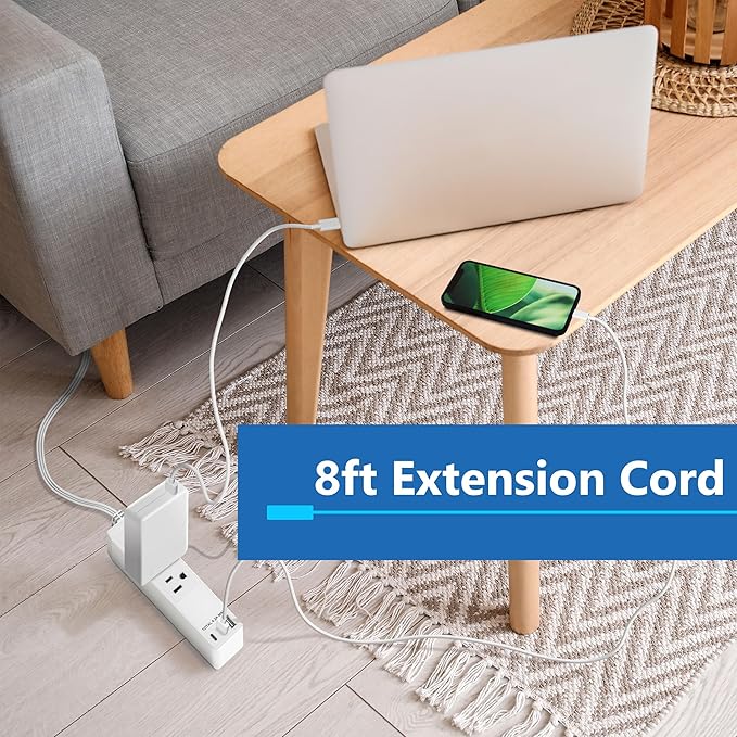 LIDER Outlet Extender with 3 Receptacles, 21W USB Type-A, and 2 USB Type-C, USB Port, Ultra-Thin Wall Plate Plug with Cord Extender, 3-Outlet Power Strip, Flat-Face, ETL-Listed, 8ft Cord, White