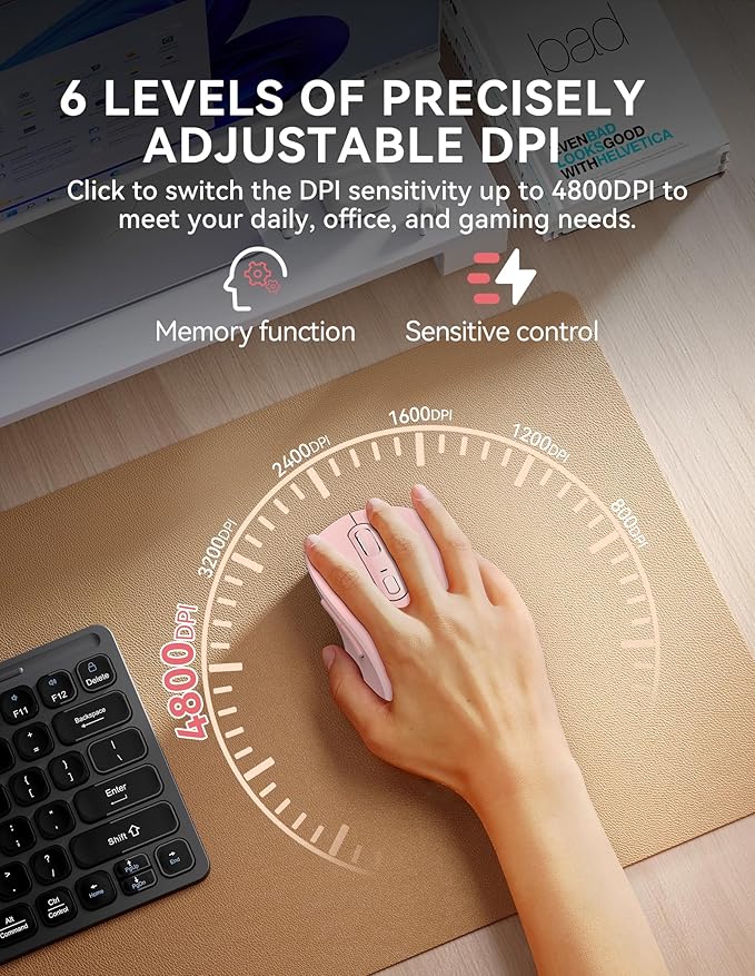 TECKNET Bluetooth Mouse, [ USB + BT1 + BT2 ] Wireless Mouse for Laptop, Silent Click, Ergonomic Design, 4800 DPI Computer Mice Wireless, Dual Mode for Laptop, Computer, iPad, MacBook