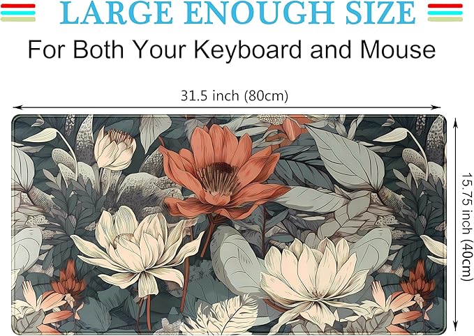 Vintage Floral Desk Mat XXL Large Gaming Mouse Pad Extended Desk Pad, Tropical Plants Laptop Keyboard Mouse Mat with Stitched Edges 31.5x15.75 in, Computer Mat Mousepad for desk Decor Office Gift