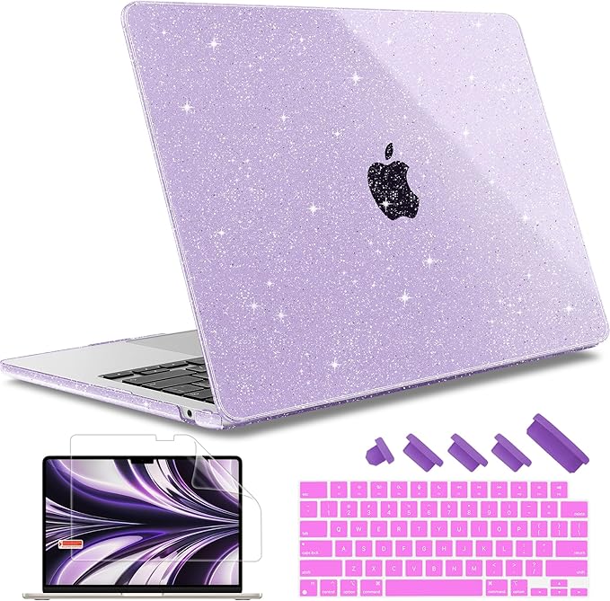 May Chen Case for MacBook Air 13/13.6-inch (M5/M4/M3/M2, 2022-2026 Models A3449 A3240 A3113 A2681), Lightweight | Closes Seamlessly | Ideal for Work Hard Shell Case, Purple Glitter