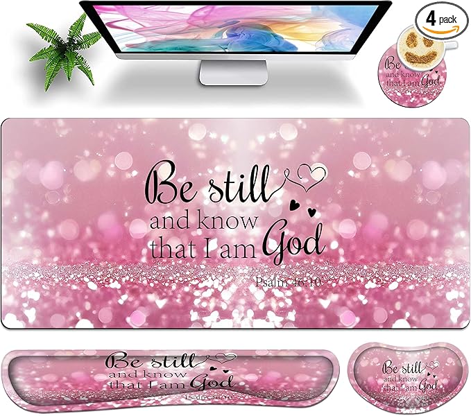 Large Gaming Mouse Pad Set 35.4 x 15.7 with Keyboard Wrist Rest, Wrist Support, and Coaster Memory Foam Smooth Desk Pad Mousepad for Home Office School - Christian Bible