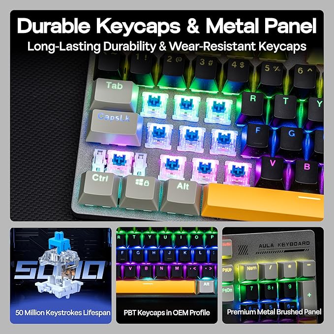 MechLands Aula S500 Wired Gaming Keyboard, 100% Full Size Mechanical Keyboard with Number Pad, 104 Keys, NKRO, RGB Backlits, Shine Through Keycaps, Ergonomic for PC E-Sports (Black&Grey, Blue Switch)