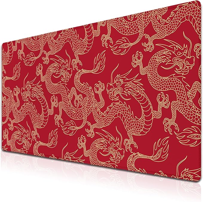 Keyboard Pad Red, Gaming Mousepad Desk Pad Big Mouse Pads Desk Decor for Men, 900X400 Mouse Pad Waterproof Non-Slip Rubber Base, 35.4 X 15.7 inch for Work/Game/Office/Home Chinese Dragon