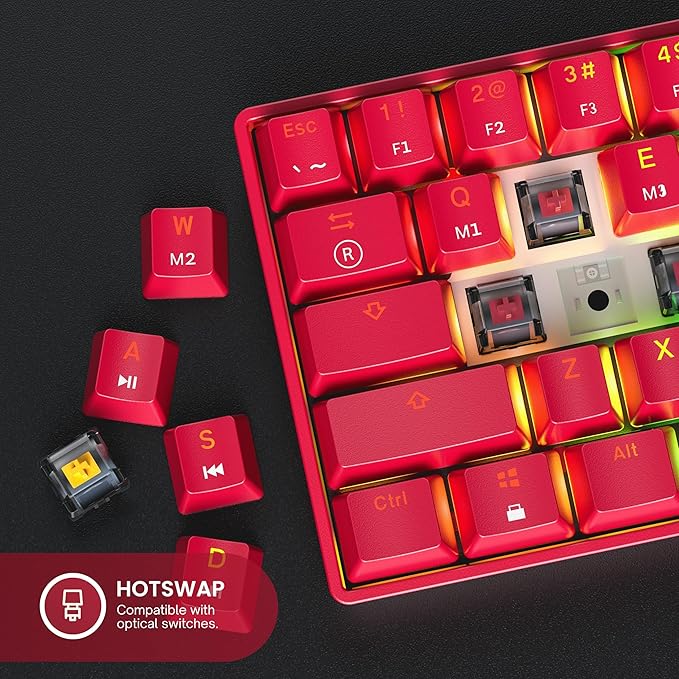 GK61 Mechanical Gaming Keyboard - 61 Keys Multi Color RGB Illuminated LED Backlit Wired Programmable for PC/Mac Gamer (Gateron Optical Red, Red)