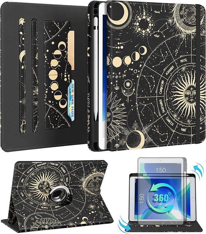 Kidcube for iPad 9th/8th/7th Generation Case 10.2 Inch - for Women Girls Cute Rotating Stand Folio Cover with Pencil Holder & Card Slot Girly Sun Moon Stars Design Teens for iPad 9th/8th/7th Gen Cases