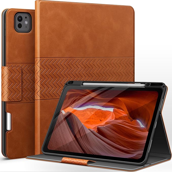 auaua Case for iPad Pro 13 Inch (M5/M4) 2025/2024, PU Leather Case with Pencil Holder, Supports Pencil Pro and Pencil(USB-C), Adjustable Angles, Auto Sleep/Wake (Brown)