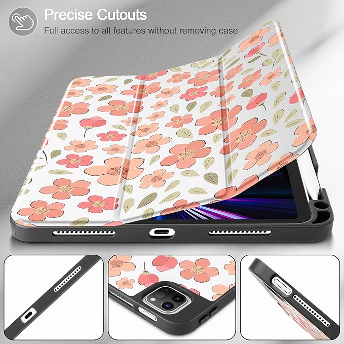 May Chen Case for iPad Pro 11 inch (4th, 3rd, 2nd & 1st Gen) 2022 2021 2020 2018,Trifold Stand with Auto Wake/Sleep Soft TPU Protective Stand Back Cover, Pink Small Flowers