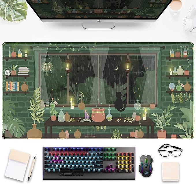 Cute Rainy Night Desk Mat Green Plants Desk Pad, Anime Black Cat Kawaii Large Gaming Mouse Pad, Moonlight Fireflies Deskmat Aesthetic Mousepad XXL, Laptop Keyboard Pad for Women Desk 31.5"x15.75"