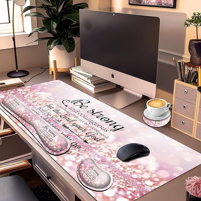 Large Gaming Mouse Pad Set 35.4 x 15.7 with Keyboard Wrist Rest, Wrist Support, and Coaster Memory Foam Smooth Desk Pad Mousepad for Home Office School - Quote Bible