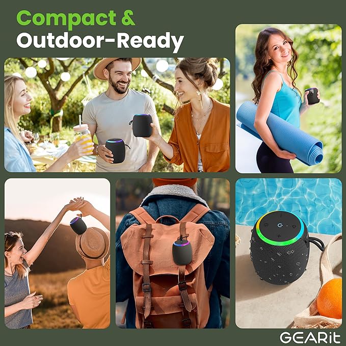 GEARit Small Portable Wireless Speaker with Deep Bass & RGB Light | 15W Bluetooth Speaker V5.3 IPX6 Waterproof & Dustproof | AUX & TWS Pairing 10H Playtime for Camping Beach Travel Home Gift