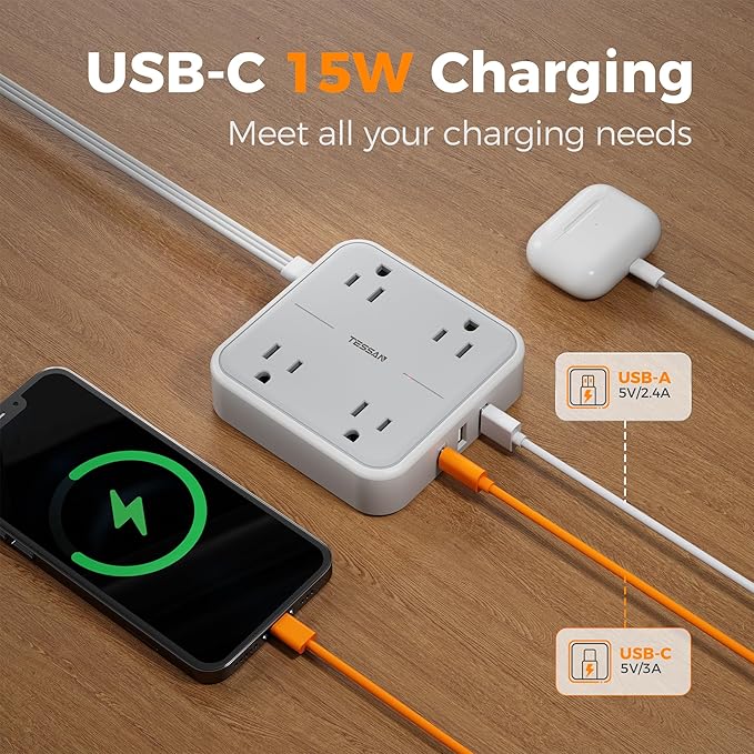 TESSAN Surge Protector Flat Extension Cord 15Ft, Flat Plug Power Strip with 4 Outlets 3 USB Ports (1 USB C), 900 Joules Protection, Multiple Wall Outlet Extender Suitable for Home Office Dorm, Grey