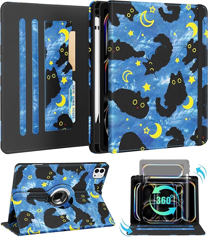 Kidcube for iPad Pro 11 Inch Case M4 2024 5th Generation - Women Girls Cute Rotating Stand Folio Cover with Pencil Holder & Card Slot Girly Cat Stars Blue Design for iPad Pro 11'' Case 2024 M4 5th Gen