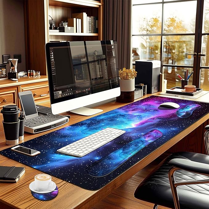 4-Piece Extended Large Mouse Pad Set for Women Men with Galaxy Design Includes 35.4 x 15.7 XXL Large Mouse Pad Keyboard Wrist Rest Mouse Wrist Support and Coaster for Office Home