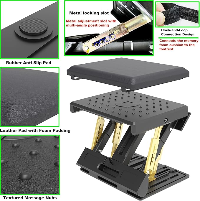 120 lbs Heavy Duty Adjustable Footrest Under Desk, No-Tool Quick Height & Angle Adjustment (5 Levels, 8 Angles), Ergonomic Foot Stool with Soft Memory Foam for Office, Gaming & Home(Black)