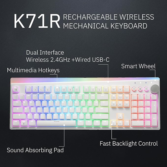 iRocks K71R Wireless RGB Mechanical Gaming Keyboard,Brown Switches,PBT 107 Keys NKRO,RGB Backlit, Pro Keyboard for Gaming and Work,Dual Interface Wireless & Wired, Windows Laptop PC Mac,White