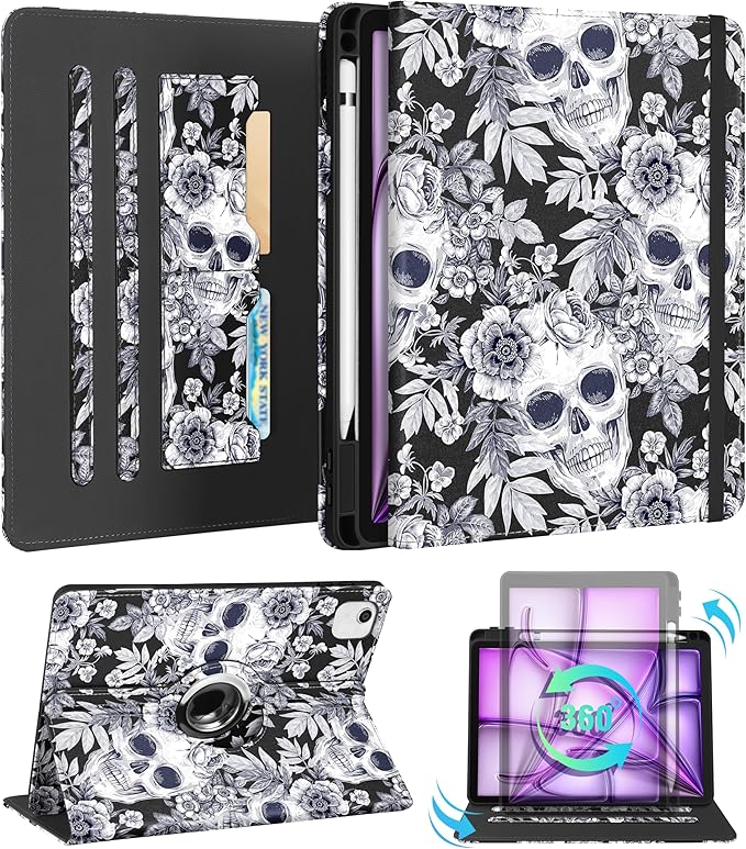 Kidcube for iPad Air 13 Inch Case (M3/M2)/for iPad Pro 12.9 Cases 6th/5th (2022/2021) - Women Girls Cute Rotating Stand Folio Cover with Pencil Holder & Card Slot Design Flowers Goth Skull Cover