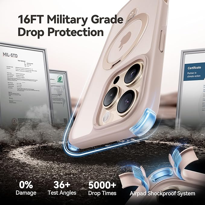 CASEKOO Ultra-Magnetic Stand for iPhone 16 Pro Case [Military Drop Protection] [Compatible with MagSafe] Shockproof Translucent Matte Slim Ring Holder Case for iPhone 16 Pro 6.3", Gold