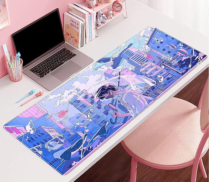 Anime Kawaii Desk Mat Mousepad Cute Japanese Large Gaming Mouse Pad XXL, Pastel Aesthetic Purple Blue Laptop Keyboard Mouse Mat, Magical Fantasy City Girl Gamer Computer Desktop Mat 31.5x15.75 in