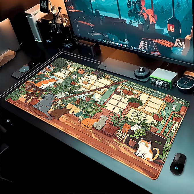Large Desk Mouse Pad Cute Cats Desk Mat, Extended Gaming Mouse Mat, Office Home Keyboard Pad, Green Plant Computer Mats XXL, Cute Full Desktop Mat, Anime PC Accessories for Women 31.5" x 15.75"