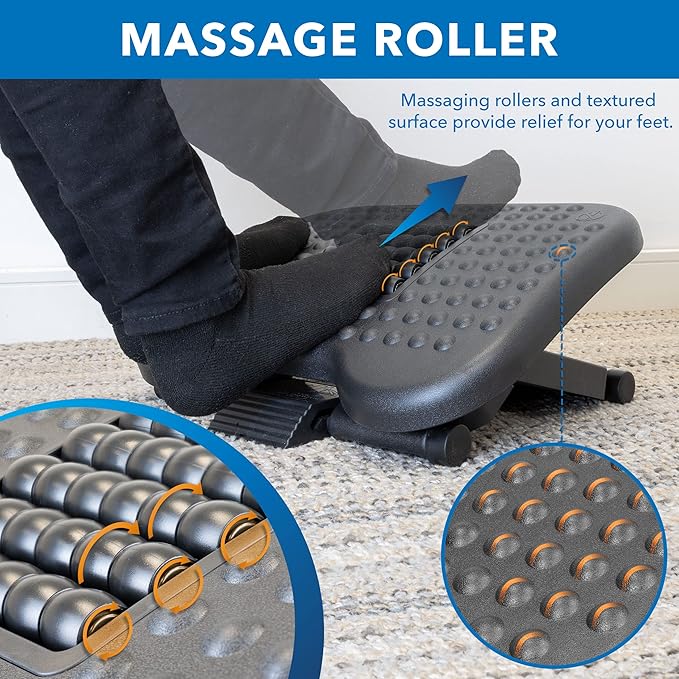 Mount-It! Ergonomic Under Desk Footrest with Massage Rollers, Adjustable Height & 30° Tilt Foot Rest Under Desk (4.25"–6.75"), Office Foot Stool with Non Slip Surface
