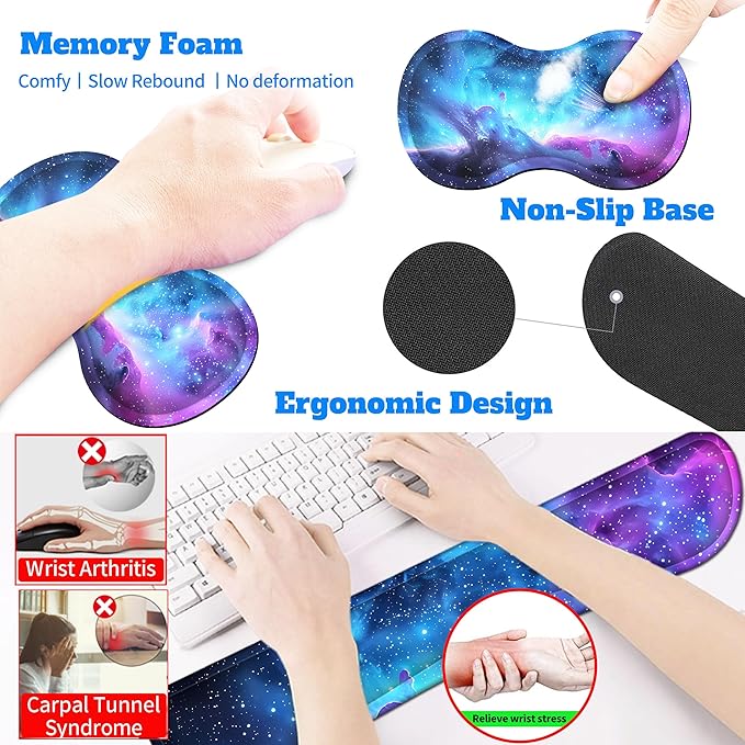 4-Piece Extended Large Mouse Pad Set for Women Men with Galaxy Design Includes 35.4 x 15.7 XXL Large Mouse Pad Keyboard Wrist Rest Mouse Wrist Support and Coaster for Office Home