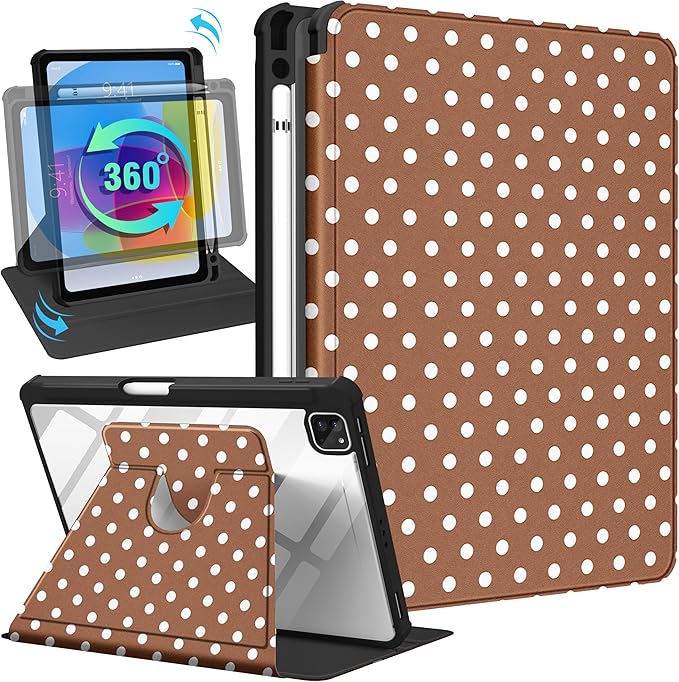 Uppuppy for iPad Air 11 inch Case(Air M4 2026, 8th Gen/M3 2025/M2)/Air 5th/4th Gen 10.9", for iPad Pro 11 inch Case(Pro 4th/3rd/2nd/1st Gen) - 360 Rotating Folio Cover with Pencil Holder, Brown Polka