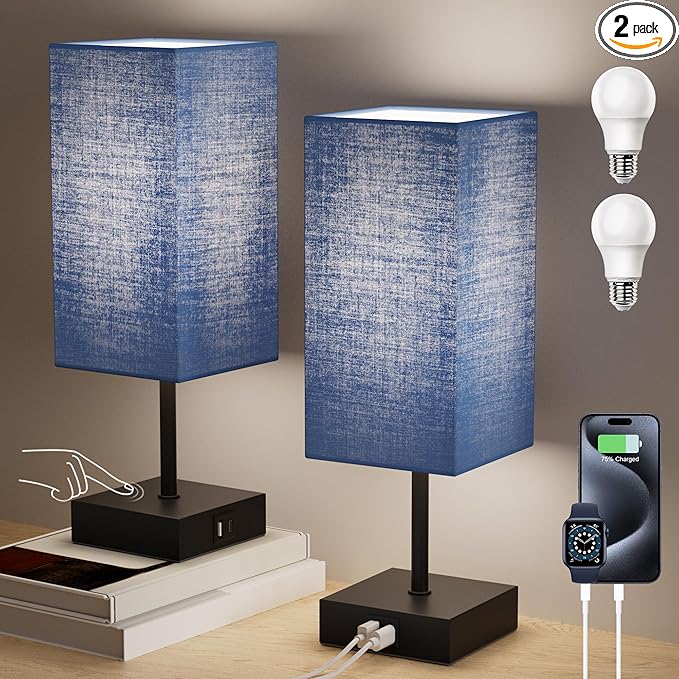 Bedside Table Lamp for Bedroom Set of 2, 3 Way Dimmable Touch Lamp with USB C+A Charging Ports, Small Nightand Lamps for Bedroom Decor, Living Room, LED Bulbs Included, Upgraded Navy Blue