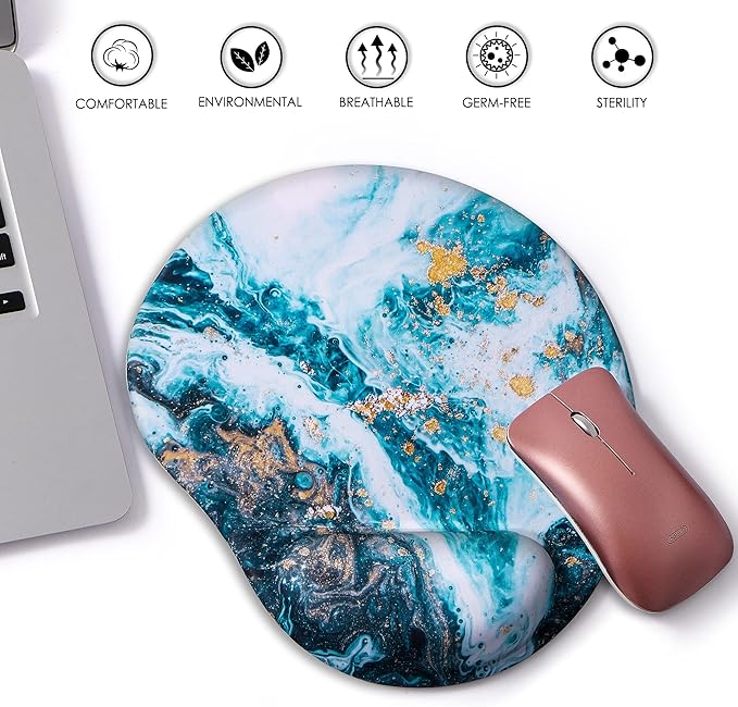 Ergonomic Mouse Pad with Wrist Support,Cute Mouse Pads with Wrist Rest,Comfortable Mouse Pad for Home Office Gaming Working Computers Laptop,Pain Relief with Non-Slip PU Base (Blue Marble)