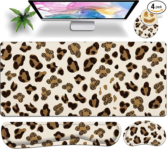 Leopard Large Gaming Mouse Pad Set of 4 for Women 35.4 x 15.7 with Keyboard Wrist Rest, Wrist Support, Coaster, Memory Foam Smooth Desk Mat Mousepad for Home Office School