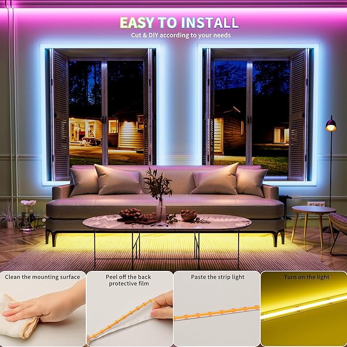 PAUTIX 5V USB COB RGB LED Strip Light 4.92ft/1.5m Color Changing Light Strips,TV Backlight Multicolor Flexible Under Cabinet Tape Lights with Bluetooth Control for Bedroom,Kitchen,Home DIY Lighting