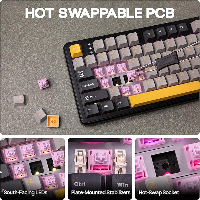 MechLands Aula F108 100% Wireless Gaming Keyboard, Full Size Custom Gasket Mechanical Keyboard, 4000mAh Battery, Programmable 108 Keys, Hot-Swappable, for Win/Mac (Grey&Yellow)