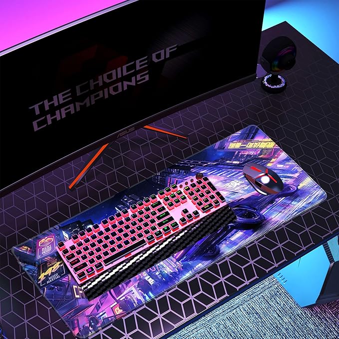Extended Large Mouse Pad, XL Gaming Mousepad 31.5 x 11.8 Inch,Full Desk Keyboard Mat with Stitched Edges Big Computer Keyboard Desk Pad for Gaming Office, Futuristic Neon City