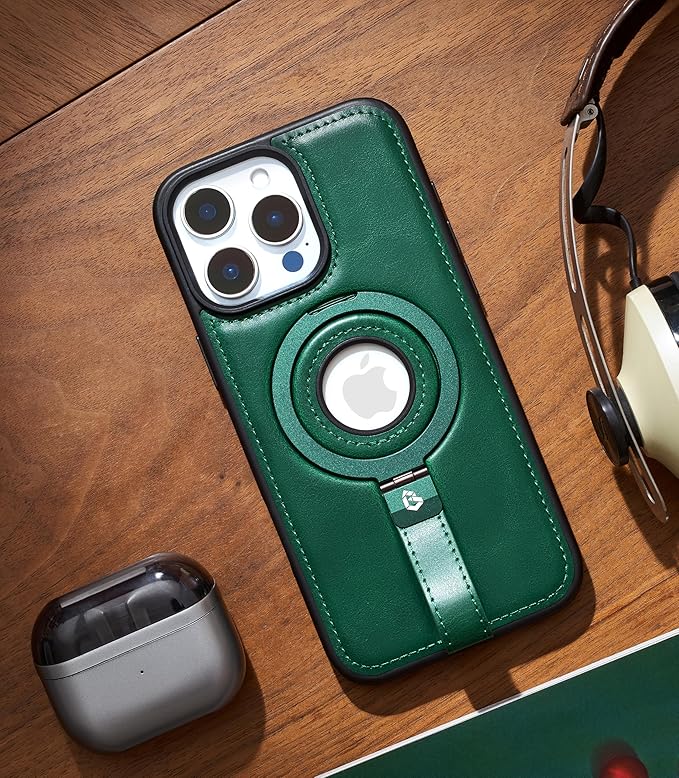 Butaiga for iPhone 15 Pro Leather Case with Stand, Anti-Slip Grip Ring, Fits for MagSafe (Green, iPhone 15 Pro)
