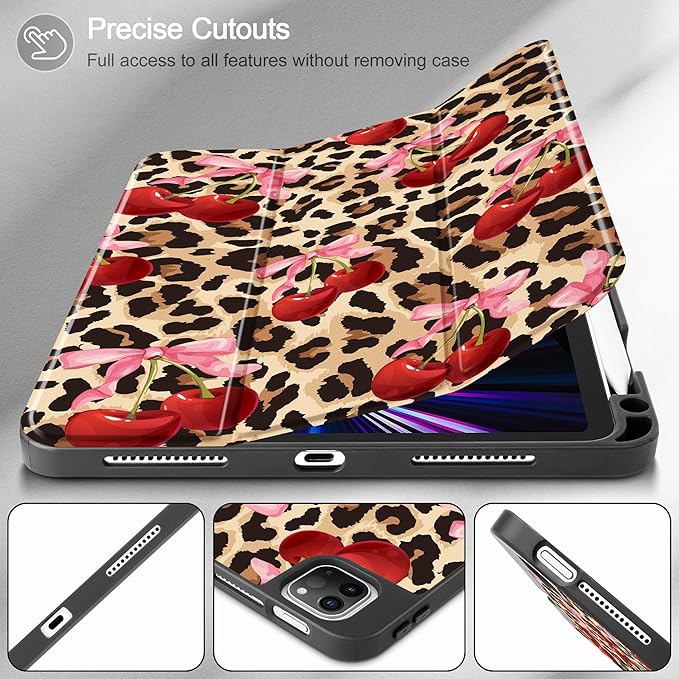 May Chen Case for iPad Pro 11 inch (4th, 3rd, 2nd & 1st Gen) 2022 2021 2020 2018, Trifold Stand + Pencil Holder + Auto Wake/Sleep + Soft TPU Protective Stand Back Cover, Cherry & Cheetah