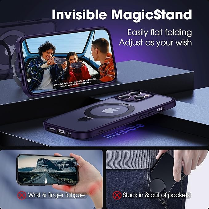 CASEKOO Designed for 14 Pro Case with Magnetic Invisible Stand [Military Drop Protection] [Compatible with MagSafe] Shockproof Slim Matte Translucent Pro Case 6.1 Inch, Purple