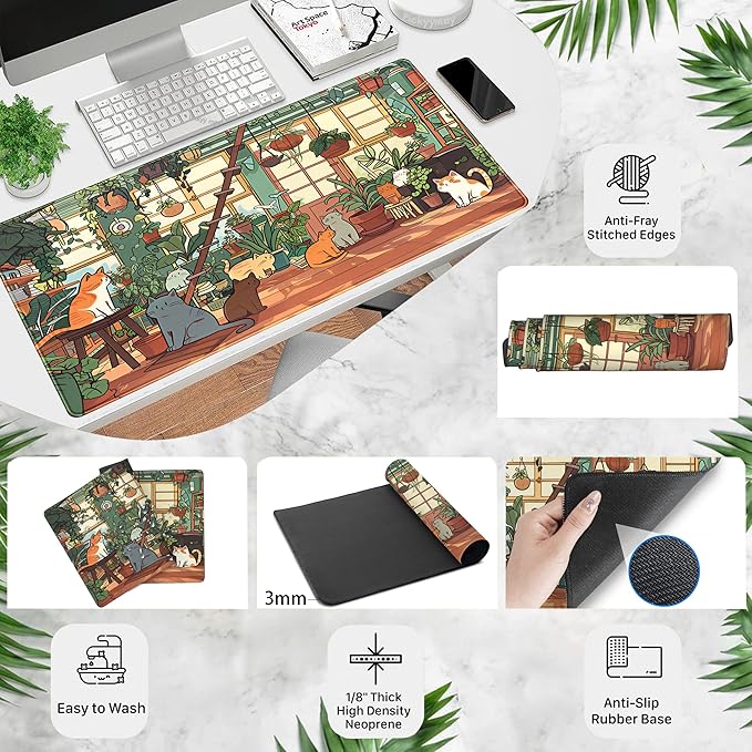 Large Desk Mouse Pad Cute Cats Desk Mat, Extended Gaming Mouse Mat, Office Home Keyboard Pad, Green Plant Computer Mats XXL, Cute Full Desktop Mat, Anime PC Accessories for Women 31.5" x 15.75"