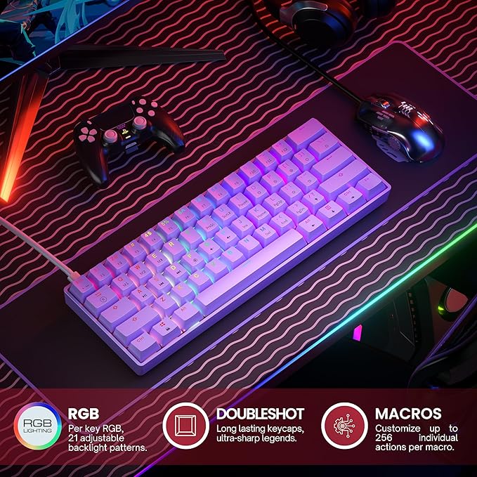 GK61 Mechanical Gaming Keyboard - 61 Keys Multi Color RGB Illuminated LED Backlit Wired Programmable for PC/Mac Gamer (Gateron Optical Yellow, Lavender)